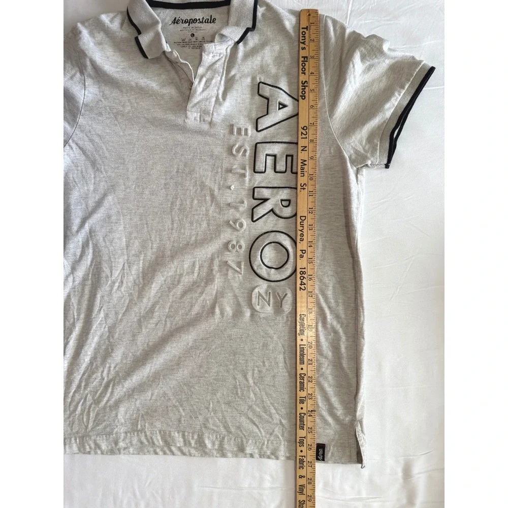 Aeropostale Mens L Gray Heather‎ Embossed Aero Graphic Polo Shirt Short Sleeve